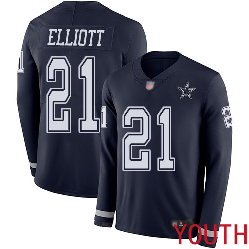 Youth Dallas Cowboys Limited Navy Blue Ezekiel Elliott #21 Therma Long Sleeve NFL Jersey